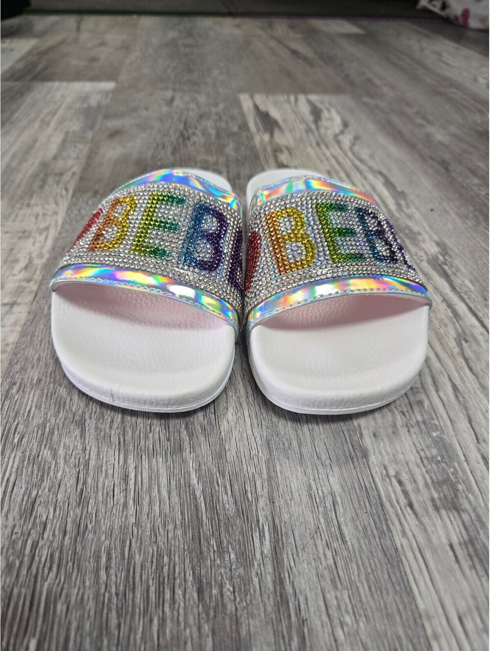bebe Girls White Rhinestone Slide Sandals with Holographic Strap Size 13